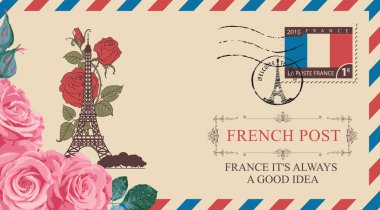 Paris, Fransa 'daki Eyfel Kulesi' nin vekil tebrik kartı. Ya da içinde güller ve Fransızca mektuplar olan eski bir posta zarfı. Sevgililer Günü. Seyahat acentesinin afişi. Kullanılan yapay zeka yok