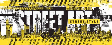 Soyut şehircilik temalı bir yazı. Arka planda Grunge sokak sanatı. Şehir mimarisinin geometrik şekilleri, gazete kupürleri. Tişört tasarımı. Kullanılan yapay zeka yok