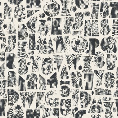 Kabuklu geometrik şekillerden oluşan basit, kalın yazı tipi ile soyut vektörsüz arkaplan deseni, deniz temalı trilobitler. Kumaş, tekstil, fayans, duvar kağıdı. Yapay zeka değil