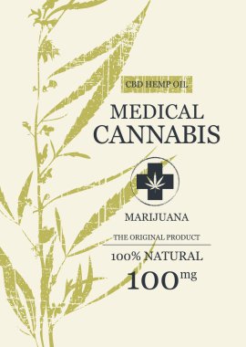 Eko vektör afişi ya da tıbbi marihuana ya da kenevir desenli kenevir cbd yağı etiketi. Tişört tasarımı. Kumaş. Kullanılmamış yapay zeka.