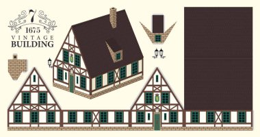 Klasik Avrupa tarzı ya da fayanslı çatısı olan Bavyera tarzı bir yapı modeli. Vektör kağıt maket setleri. Sevimli eski yılbaşı oyuncak evi. Kullanılan yapay zeka yok