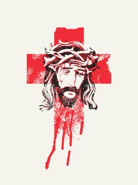 Kefeninde Hıristiyan Katolik haçı bulunan Paskalya bayrağı. Dikenli bir taç ve kan lekeleri içinde ağlayan İsa Mesih 'in portresiyle birlikte. Dini illüstrasyon, logo. Grunge tişörtü dekoru