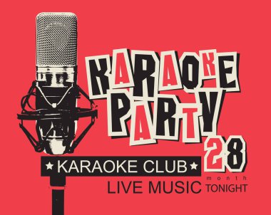 Stüdyo mikrofonu ve komik başlıklı karaoke partisi afişi. Reklam afişi, afiş, broşür, davetiye. Kullanılan yapay zeka yok