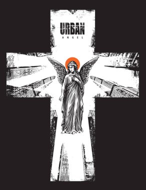 Şehrin arka planında büyük şehir mimarisi elementleriyle birlikte melek arkalı vektör pankartı. Şehircilik, sokak sanatı, dijital teknolojiler ve din hakkında bir poster. Tişört tasarımı. Hayır Al.