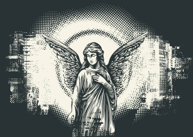 Piksellerin arka planında melek olan vektör pankartı ve büyük şehir mimarisi olan şehir manzarası. Şehircilik, sokak sanatı, dijital teknolojiler ve din hakkında bir poster. Tişört tasarımı, dövme. Kullanılan yapay zeka yok