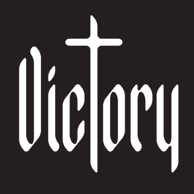 Devlet, krallık, imparatorluk ve Hıristiyan dini temalı Hristiyan haçı ile neo-gotik yazı tipi ile yazılmış zafer kelimesi. Dövme, logo, eski tarz tişört tasarımı. Kullanılan yapay zeka yok