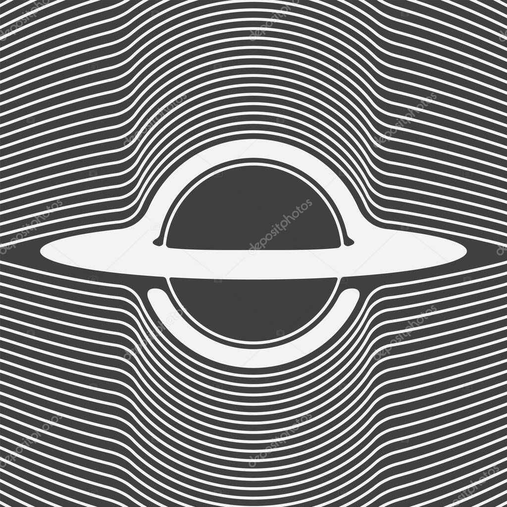 Vector minimalist logo with black hole or planet with rings and gravity waves on the theme of space, astronomy, astrophysics and universe. T-shirt design, logo, label. Not used aI