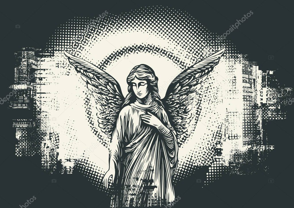 Vector banner with angel on the background of pixels and cityscape with big city architecture. Poster about urbanism, street art, digital technologies and religion. T-shirt design, tatoo.  No AI used