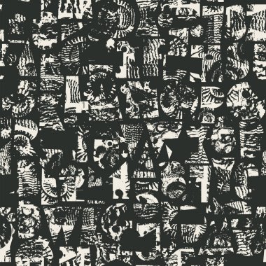 Dokuları geometrik şekillerden oluşan dikişsiz yazı tipli soyut vektör deseni paleontoloji temalı kabuklar. Kumaş, tekstil, tişört tasarımı, fayans, duvar kağıdı. Kullanılan yapay zeka yok.