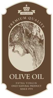 Eski zeytin ağacı, çerçeve ve kaliteli kaliteli yazıtlı zeytin yağı ya da zeytin yağı vektörü tasarımı. Logo, ambalaj, çıkartma ve pankart için uygun. Kullanılan yapay zeka yok