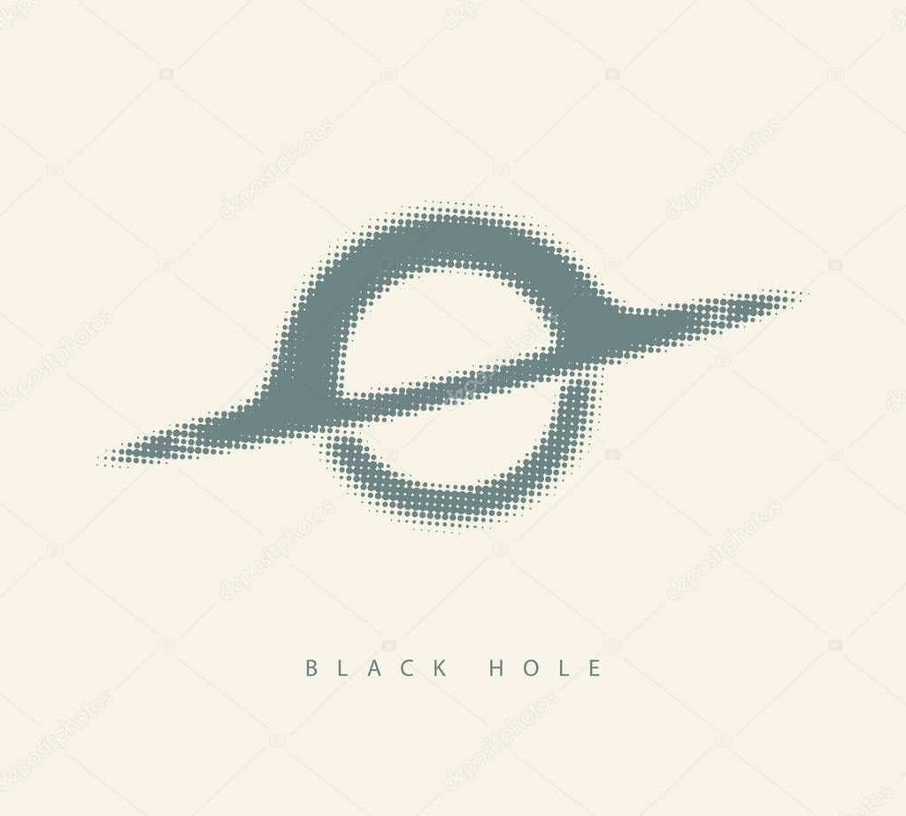 Vector minimalist logo or banner made of pixels or dots with black hole or planet with rings on the theme of space, astronomy, astrophysics and universe. T-shirt design. Not used aI