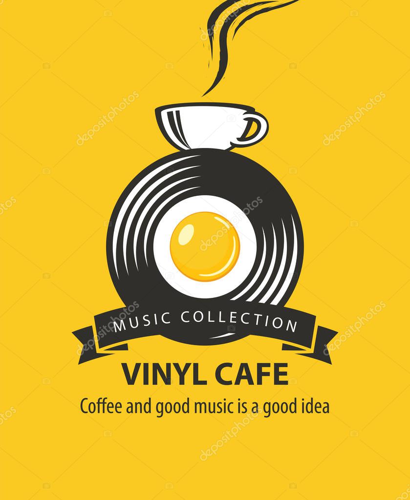 Vector menu, logo or banner for vinyl cafe or music restaurant with vinyl record inside plate, fried egg and cup of coffee on yellow background in vintage style. Advertising poster, flyer. No AI used