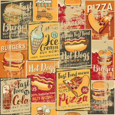 Restoranlar, fast food dükkanları, içecekler, pizza ve dondurma temalı posterler. Hamburger, çizburger, sosisli sandviç. Duvar kağıdı, ambalaj kağıdı, kumaş, fayans. Kullanılan yapay zeka yok