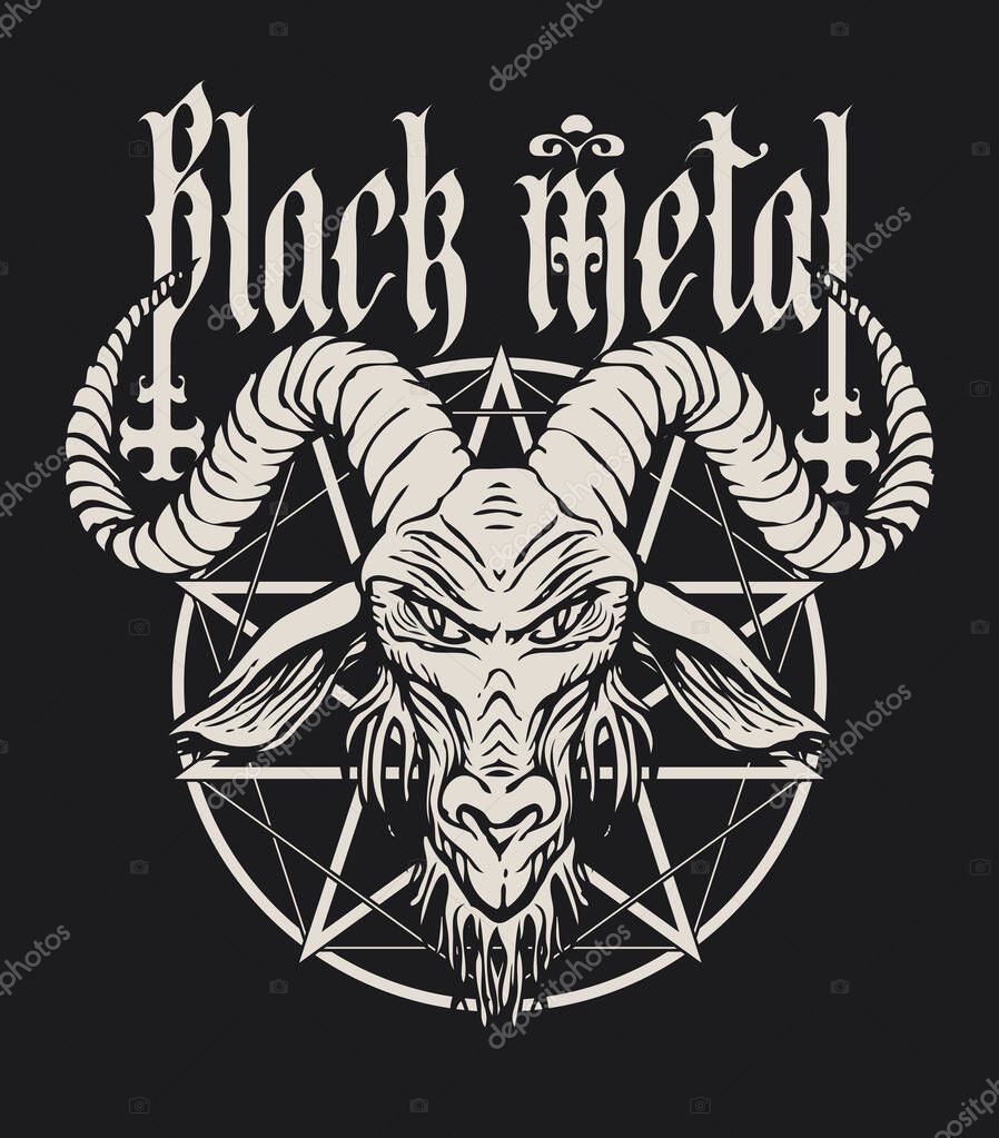 Hand drawn illustration of horned goat head, pentagram, inverted crosses. Black metal grunge lettering. Baphomet is a symbol of Satanism. T-shirt design, music cover. No AI used