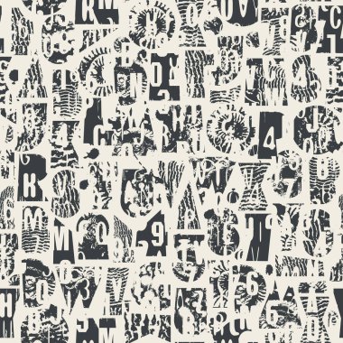 Dokuları geometrik şekillerden oluşan dikişsiz yazı tipli soyut vektör deseni paleontoloji temalı kabuklar. Kumaş, tekstil, tişört tasarımı, fayanslar, duvar kağıdı, ambalaj kağıdı. Hayır Al. 