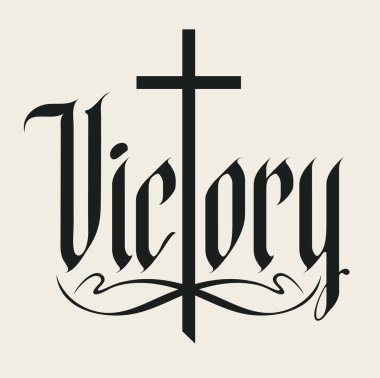 Devlet, krallık, imparatorluk ve Hıristiyan dini temalı Gotik bir haçla yazılmış zafer kelimesi. Dövme, logo, eski tarz tişört tasarımı. Kullanılan yapay zeka yok