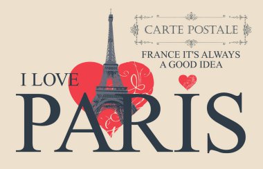 Paris 'te Eyfel Kulesi' nin olduğu bir turist kartpostalı ve Paris 'e bayılıyorum. Sevgililer günü kartı eski tarz, kalp işaretli. Fransızca dili okulu. Broşür, reklam afişi. Kullanılmıyor