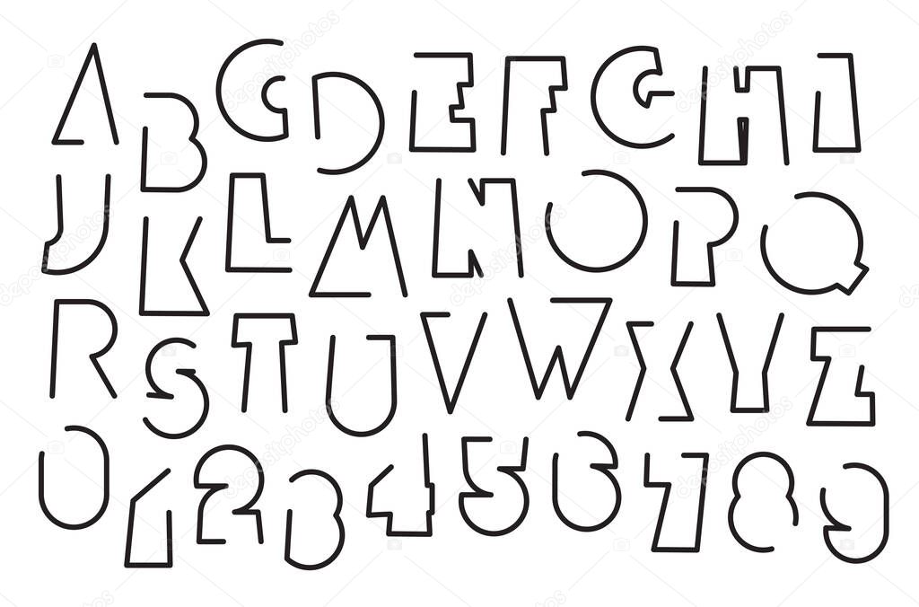 A set of outline letters with a simple, geometric shape. Black and white font with a sporty, dynamic, modern theme. Latin alphabet letters and numbers. No AI used