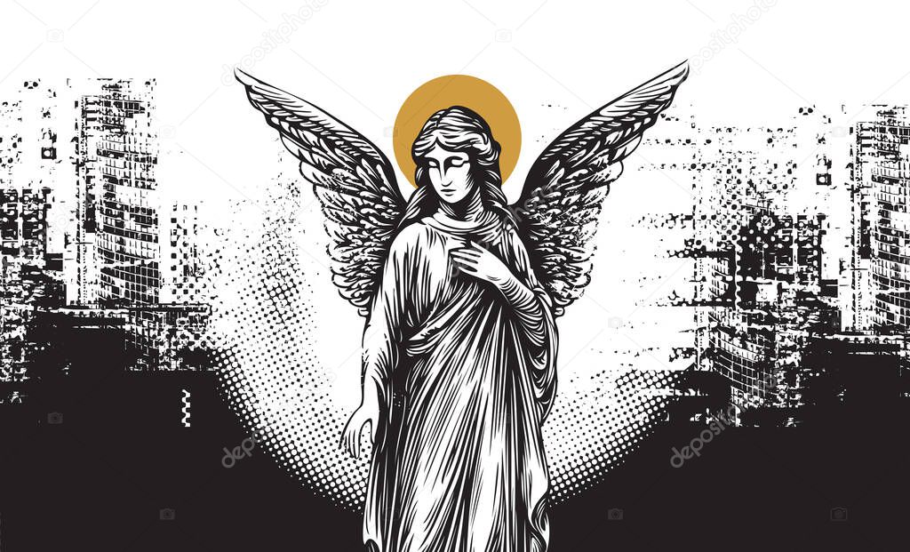 Vector banner with angel on the background of pixels and cityscape with big city architecture. Poster about urbanism, street art, digital technologies and religion. T-shirt design, tatoo.  No AI used