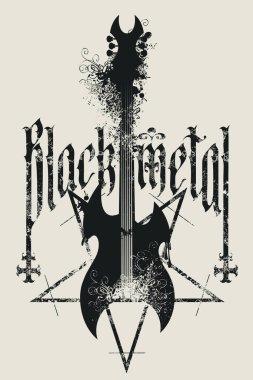 Gotik yazı tipi, elektro gitar, ters haçlar ve pentagramda 