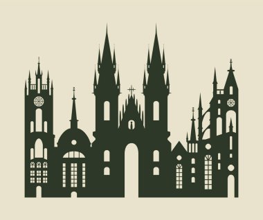 Tyn 'den önce Meryem Ana Kilisesi' ne vektör bayrağı, Çek Prag şehri manzarası. Eski kasaba mimarisi. Turist kartpostalı, dil okulu, restoran veya kafe menüsü, logo, etiket, ambalaj. Hayır.