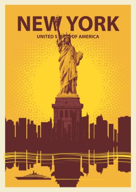 Özgürlük Anıtı 'na sahip vektör bayrağı, gün batımı veya gün doğumu, New York şehri manzarası. Nehirdeki binaların yansımalarıyla. Tişört, poster ve kartpostal için tasarım. Kullanılmıyor