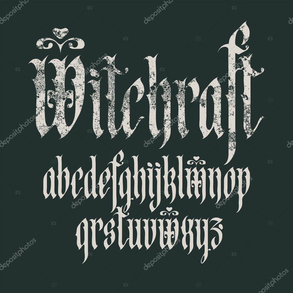 Gothic font. English alphabet letters. Medieval Latin letters. Vector inscription with the word 