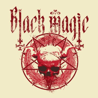Kan kırmızısı insan kafatası, pentagram, ters haçlar, büyücülük ve büyücülük işaretleri olan vektör çizimleri. Satanizmin sembolü Baphomet. Tişört tasarımı, logo, müzik kapağı, poster. Hayır.