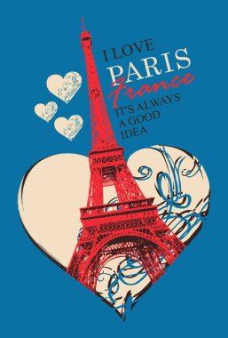 Paris 'teki Eyfel Kulesi ve Paris' i çok sevdiğim kelimelerle dolu bir kartpostal. Sevgililer günü kartı eski tarz, kalp işaretli. Fransızca dili okulu. Reklam afişi. Kullanılan yapay zeka yok.