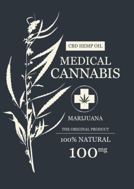 Eko vektör afişi ya da tıbbi marihuana ya da kenevir desenli kenevir cbd yağı etiketi. Tişört tasarımı. Kumaş için baskı. Reklam panosu, poster. Kullanılmayan Al