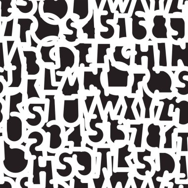 Basit, kalın geometrik şekilli dış hatları olan kusursuz desen. Latince harflerle soyut vektör monokrom arkaplanı. Duvar kağıdı, ambalaj kağıdı, kumaş, tekstil, fayans. Tişört tasarımı. Hayır Al. 