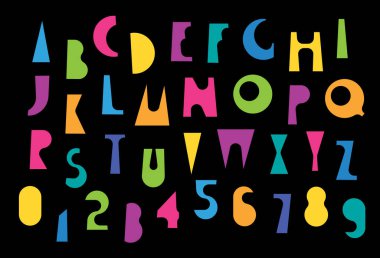 Basit, kalın, esprili, renkli geometrik yazı tipi, bayram ve parti temalı. Kitap, edebiyat, peri masalı, karikatür, başlıklar. Latin alfabesi harfleri ve numaraları. Kullanılan yapay zeka yok