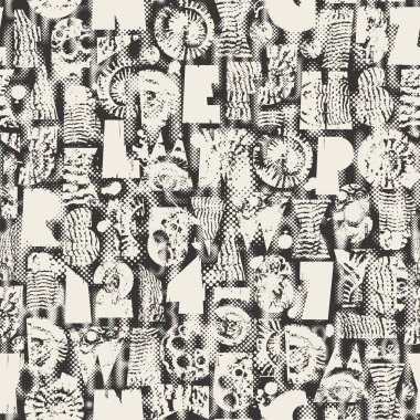 Dokuları geometrik şekillerden oluşan dikişsiz yazı tipli soyut vektör deseni paleontoloji temalı kabuklar. Kumaş, tekstil, tişört tasarımı, fayanslar, duvar kağıdı, ambalaj kağıdı. Hayır Al. 