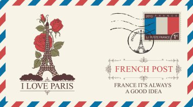 Paris, Fransa 'daki Eyfel Kulesi' nin vekil tebrik kartı. Ya da içinde güller ve Fransızca mektuplar olan eski bir posta zarfı. Sevgililer Günü. Seyahat acentesinin afişi. Kullanılan yapay zeka yok