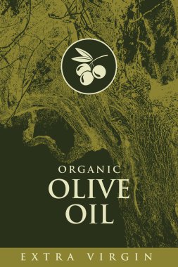 Zeytin ya da zeytin yağı markasının vektör tasarımı. Eski zeytin ağacı ve eski usul daire şeklinde zeytin ağacı. Logo, ambalaj tasarımı, çıkartma, afiş. Kullanılan yapay zeka yok