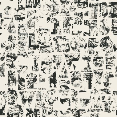 Dokuları geometrik şekillerden oluşan dikişsiz yazı tipli soyut vektör deseni paleontoloji temalı kabuklar. Kumaş, tekstil, tişört tasarımı, fayanslar, duvar kağıdı, ambalaj kağıdı. Hayır Al. 