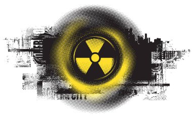 Kentsellik, sokak sanatı, dijital teknolojiler temalı bir vektör pankartı. Şehir manzarasının arka planındaki bir haçı ya da fotoğraf lensini anımsatıyor, pikselleri. Tişört dizaynı. Hayır.