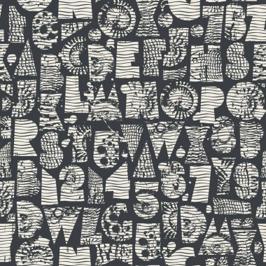 Dokuları geometrik şekillerden oluşan dikişsiz yazı tipli soyut vektör deseni paleontoloji temalı kabuklar. Kumaş, tekstil, tişört tasarımı, fayanslar, duvar kağıdı, ambalaj kağıdı. Hayır Al. 