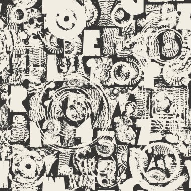 Dokuları geometrik şekillerden oluşan dikişsiz yazı tipli soyut vektör deseni paleontoloji temalı kabuklar. Kumaş, tekstil, tişört tasarımı, fayanslar, duvar kağıdı, ambalaj kağıdı. Hayır Al. 