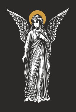 Klasik tarzda kanatlı ve haleli bir meleğin vektör çizimi. Koruyucu melek ya da ölüm teması, din, Cenaze hizmetleri. Anıt, anıt, dövme, tişört tasarımı. Kullanılan yapay zeka yok
