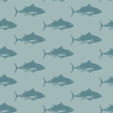 Deniz hayvanları ve okyanus yaşamı temalı gerçekçi ton balığıyla vektörsüz desen. Logo, menü, restoran ve kafe etiketi. Balık pazarı imzası. Parmak izi, kumaş, tekstil. Duvar kağıdı, tişört