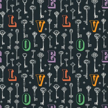 Klasik anahtarlar ve klasik tarzda büyük harflerle aşk temasında vektör pürüzsüz desen. Soyut arkaplan. Duvar kağıdı, ambalaj kağıdı, kumaş, tekstil. Tebrik kartı. Kullanılmamış.