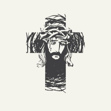 Kefeninde Hıristiyan Katolik haçı olan Paskalya bayrağı ve dikenli bir taç içinde ağlayan İsa 'nın portresi. Dini illüstrasyon, logo. Grunge tişörtü dekoru