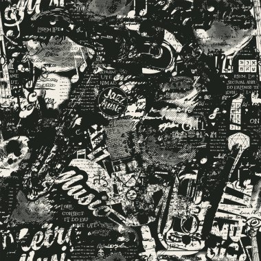 Soyut Jazz müzik temalı kusursuz şablon, şarkı söyleyen ağızlar, vinil plaklar ve müzik aletleri. Vektör arkaplan, duvar kağıdı, ambalaj kağıdı, kumaş, poster, kapak, tişört tasarımı. Kullanılan yapay zeka yok