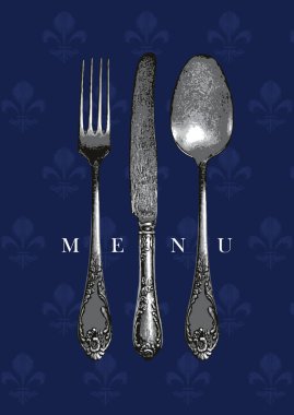 Restoran veya çatal bıçaklı kafe menüsü - gerçekçi gümüş çatal, kaşık ve bıçak tarzı - vektör kartviziti, kapak, logo, etiket veya yiyecek ve içecek menüsü. Kullanılan yapay zeka yok