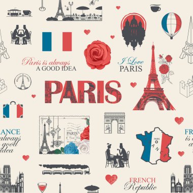 Fransa 'da kusursuz desen, Paris temalı yazıtlar, işaretler, harita ve bayrak. Tişört tasarımı, seyahat kartpostalı. Duvar kağıdı, ambalaj kağıdı. Sevgililer Günü. Dil okulu. Hayır Al. 