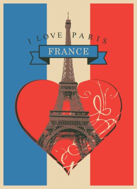 Paris 'teki Eyfel Kulesi ve Paris' i çok sevdiğim kelimelerle dolu bir kartpostal. Kalp işareti ve Fransa bayrağı olan Sevgililer Günü kartı. Fransızca dili okulu. Reklam afişi. Kullanılan yapay zeka yok.