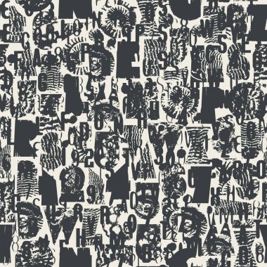 Dokuları geometrik şekillerden oluşan dikişsiz yazı tipli soyut vektör deseni paleontoloji temalı kabuklar. Kumaş, tekstil, tişört tasarımı, fayanslar, duvar kağıdı, ambalaj kağıdı. Hayır Al. 