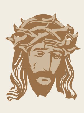 Paskalya bayrağı ya da beyaz arka planda dikenli taç takan ağlayan İsa 'nın portresi olan tebrik kartı. Tanrının Oğlu ile dini tema üzerine vektör illüstrasyon. Hayır.