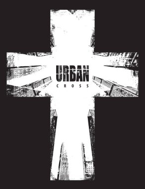 Şehir pelerininin arka planında mimari unsurlara sahip vektör pankartı. Şehircilik, sokak sanatı, dijital teknolojiler ve din hakkında bir poster. Tişört tasarımı. Hayır Al.